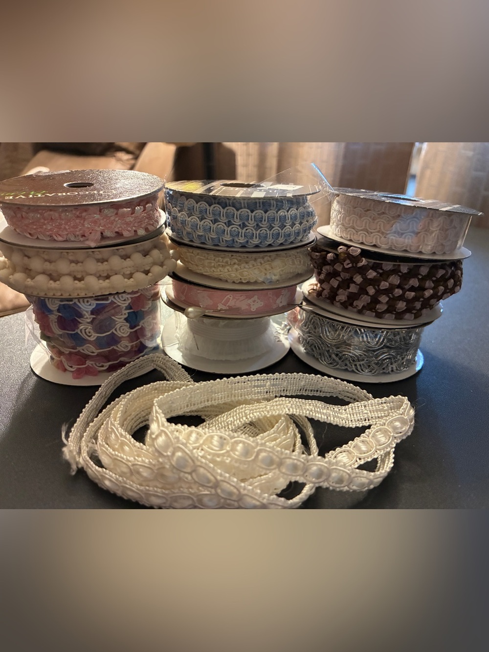 Mixed Decorative Trim Ribbon Lot - White, Pink, Blue, Brown